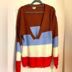 New POL Oversized, Distressed, Chunky, Trendy Knit V-Neck Sweater. Women’s Large